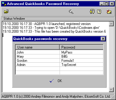 Advanced QuickBooks Password Recovery Screenshot